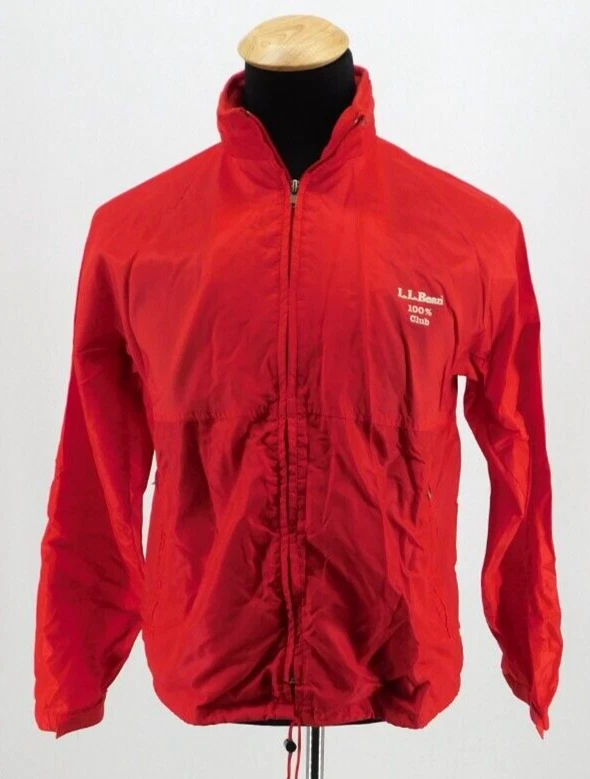 LL Bean Jacket Mens Medium Red Raincoat Vented Packable Hood Outdoors Sports