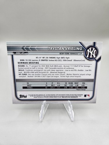 2022 Bowman Draft #BDC-43 Trystan Vrieling Chrome Sky Blue Refractor 1st - Picture 2 of 2