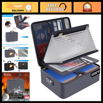 Fireproof Document Organizer Bag with 13 Pocket Accordion Folder & Lock - Portab