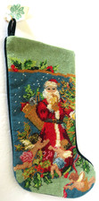 Vtg. Santa Claus Christmas Stocking Needlepoint Wool Santa with Cherubs 19"