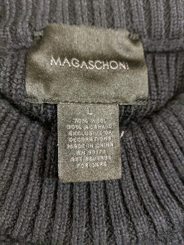 Magaschoni Black Ribbed Sweater Wool Blend Elbow Patches Size Large Heavy - Picture 7 of 8