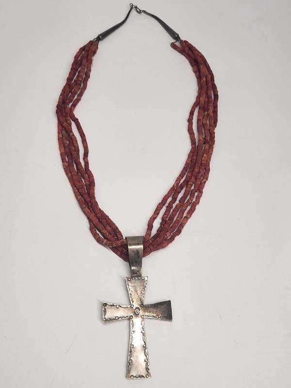 Old Native American Indian Sterling Cross & Red Coral Necklace