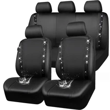 CAR PASS Leather Bling Diamond Car Seat Covers Full Set, Shining Rhinestone