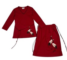 Miss Shaheen Hawaii 70s Crane Top  Skirt Set Black Trim Asian Print Birds