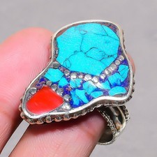 Tibetan Turquoise Red Coral Handmade Boho Nepali Jewelry Adjustable Ring SR 3351