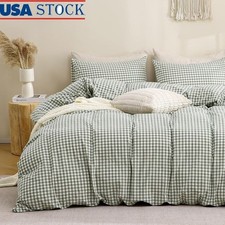 Queen Duvet Cover Set 3PC Cotton Green Gingham Check Hidden Zipper Durable Ties