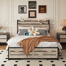 Full Queen Bed Frame with 12-Drawer Storage Headboard and LED Charging Ports
