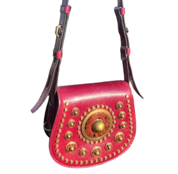 Tory Burch Agate Embellished Saddlebag Crossbody Bag Red Boho Leather