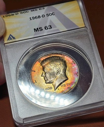 1968 D Kennedy Half Dollar 50C Silver ANACS MS63 Rainbow Toned Beautiful Color - Picture 1 of 13