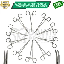 10 Kelly Hemostat Forceps 5.5" Set Straight+ Curved Locking Dental Fishing Plier