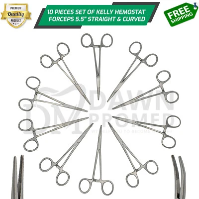DAWNPROMED 10 Kelly Hemostat Forceps 5.5" Set Straight+ Curved Locking Dental Fishing Plier