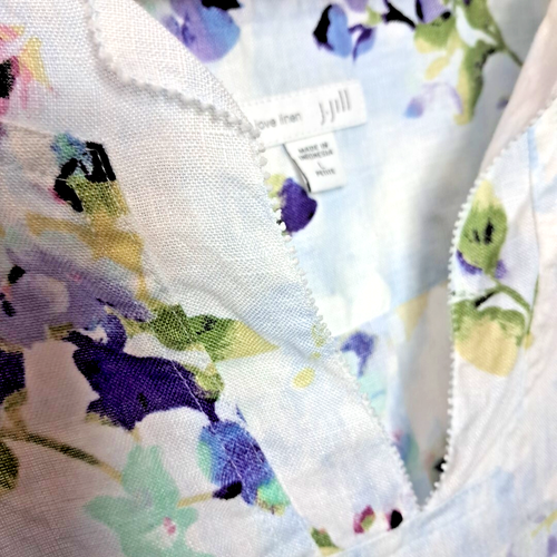 J Jill Love Linen Watercolor Floral Roll Tab Sleeve Mini Dress Large White Blue - Picture 8 of 18