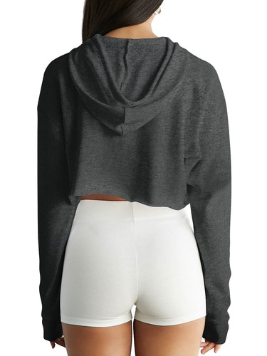 Womens Crop Top Hoodie Dance Casual Fleece Hooded Sweatshirt Gym Yoga Hip Hop - Picture 18 of 54