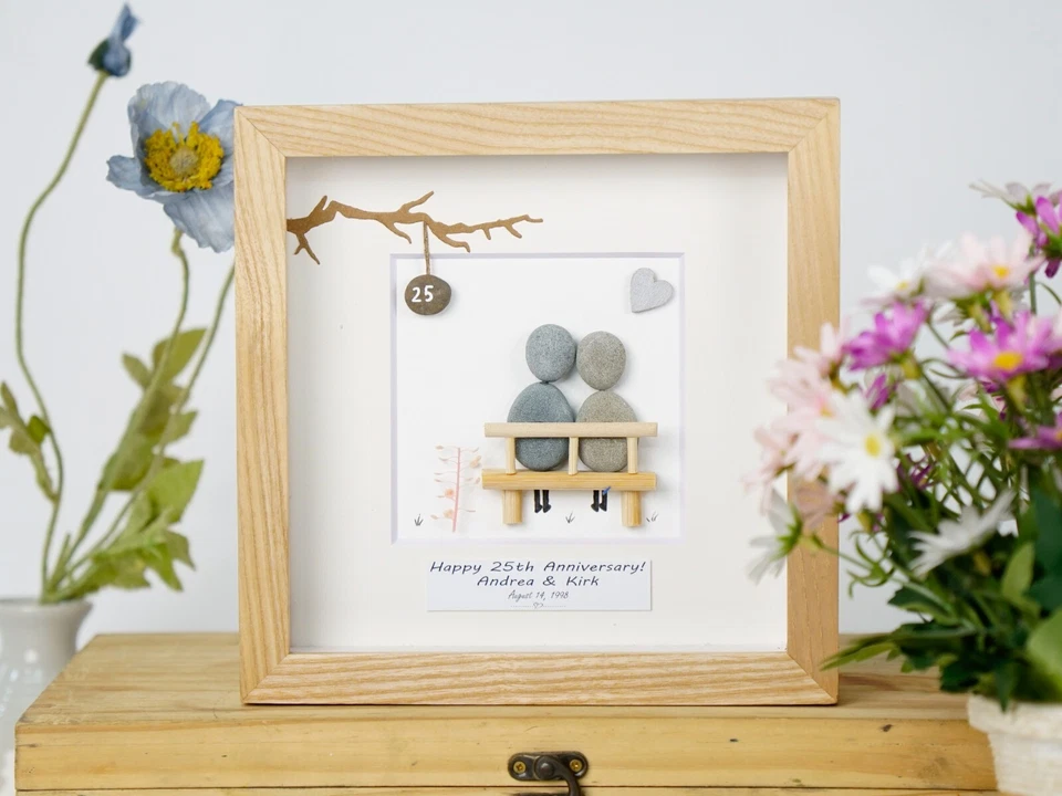 Regalo de aniversario de boda plateado personalizado para pareja, marco de guijarros 25 aniversario Foto 4 de 4