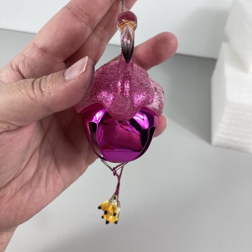 Hot Pink Flamingo Jingle Bell Christmas Tree Ornament Glass Metal Hanging Bird - Picture 5 of 15
