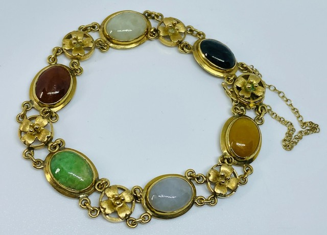 14K 585 Yellow Gold Jade Jadeite Round Link Bracelet 7” GSJ Vintage | eBay
