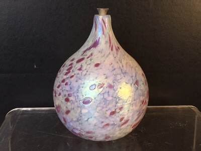 Vtg Signed Roger Vines Studio Art Glass Oil Lamps Iridescent Pinks White