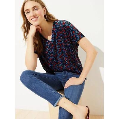New Loft Womans Sz Small Blouse Floral Velvet V Neck Top Soft Blue Stretch NWT