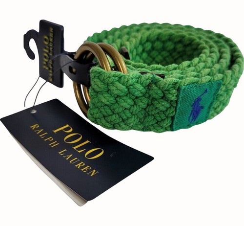 Polo Ralph Lauren grün gewebte Baumwolle ORing Gürtel Lederbesatz geflochten neu Medium - Bild 1 von 8