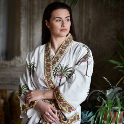 Ladies Dressing Gown from Powell Craft Green Palm Tree Print