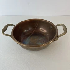 Copper Bowl Double Brass Handle Mixing Pot French Country Farmhouse VTG 6.75"
