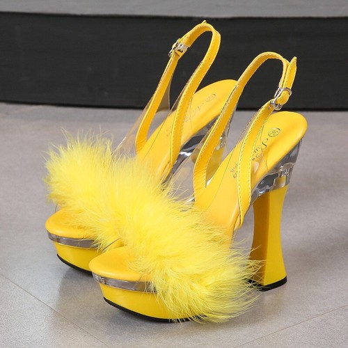 NEW 5.5" CHUNKY HEEL PLATFORM SLINGBACK FUR POLE DANCE RUNWAY STRIPPER SANDALES - Picture 6 of 19