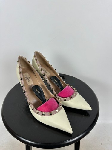 Women's Valentino Garavani Calfskin Rockstud Cream Leather Heels Shoes Size 40.5 - Picture 2 of 24