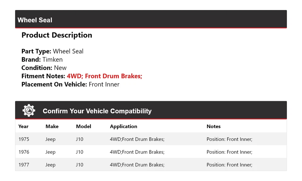 For 1975-1977 Jeep J10 4WD Wheel Seal Front Inner Timken 1976 - Image 2 of 4
