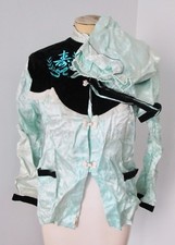 Vtg silky Asian pajamas set mint green black velvet sleep top and pants M