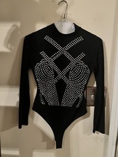Black Rhinestone; Haute Monde-Long Sleeve Stretch Bodysuit W/snap Crouch Sz M