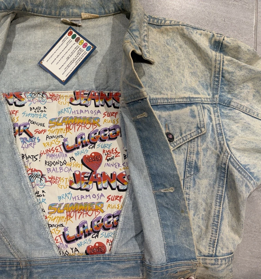 Jaqueta jeans vintage anos 80 LA Gear cropped lavagem ácida azul frisada tamanho grande - Imagem 4 de 4
