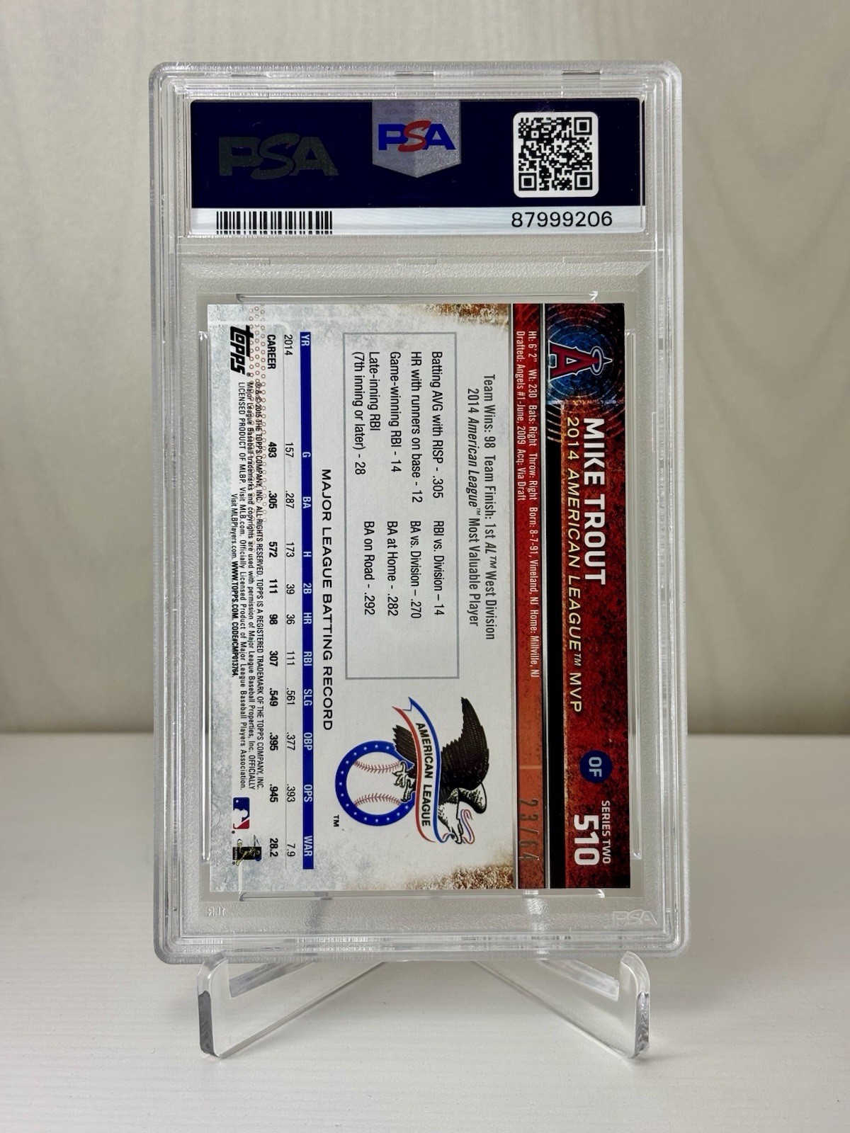 2015 Topps Mike Trout #510 Sliding — Black parallel /64 PSA 7 view 2