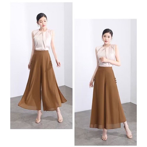Lightweight Elastic Waist Chiffon Pants for Women with Unique Slit Design - Picture 5 of 16