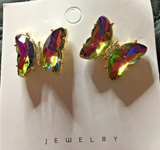 Multicolor Butterfly stud earrings Acrylic set in gold tone metal