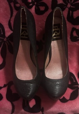 Fahrenheit Black Leather Round Toe Pump Block Striped Heel Slip On 6.5