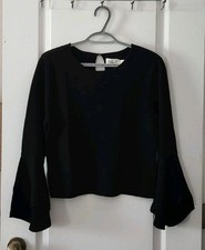 Eliza J Women's Black Bell Sleeve Top Keyhole Blouse Stretch Rayon Size L