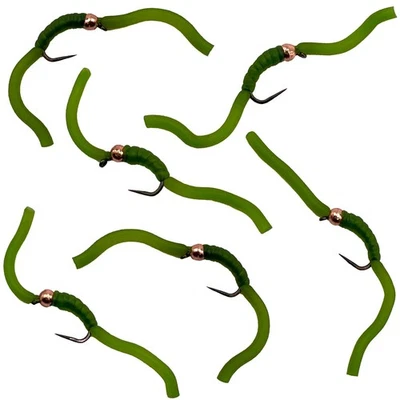 THOR OUTDOOR Squirmy Wormy 6 Pc, Olive Barbless Wet Worm Trout Panfish Fly Fishing Flies