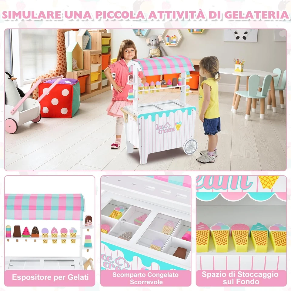 Carretto Dei Gelati per Bambini, Gioco Gelateria Giocattolo Con Ruote E Tettoia, - Immagine 3 di 4