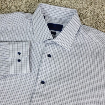 David Donahue Trim Mens 16.5-36/37 White Plaid Check Button Up Long Sleeve