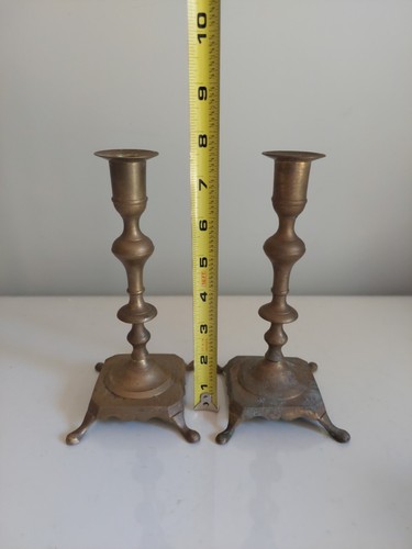 Vintage Pair Of Brass Square Base Footed Candlestick Holders 7.5" - Picture 2 of 10