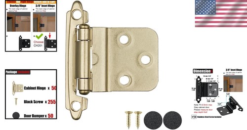 3/8 Inch Gold Cabinet Hinges - 50 Premium Self-Closing Pairs for Modern Kitchens - Picture 2 of 11