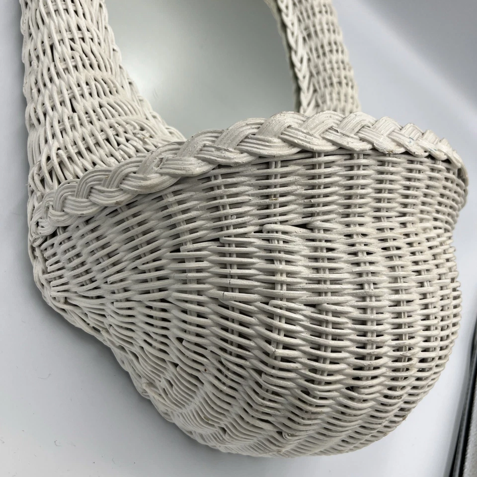 Vtg Wicker Hanging Wall Mirror With Shelf White Nautical Coastal Cottage 24"x12" - Image 2 of 4