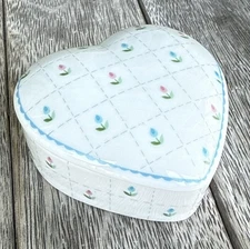 Vintage White Porcelain Heart-Shaped 4" Trinket Ring Dish Floral Pattern Japan