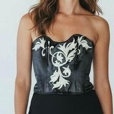 VTG Natori Corset Black Satin White/Silver Embroidered Flourishes Sz S Coquette