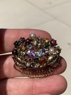 10ct Gold Multi Gemstone Basket Of Flowers Brooch 1960’s 10k 13.8g