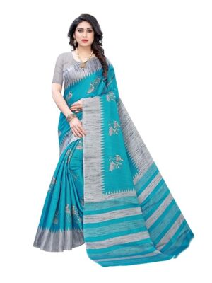 Women's Traditional Printed Khadi Silk Saree with Unstitched Blouse Piece, Blue