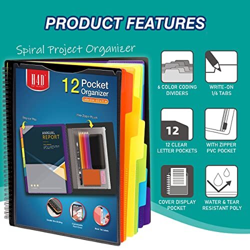 12 Pocket Poly Project Organizer, Spiral Multi Standard Color 12 Pockets - Picture 3 of 8