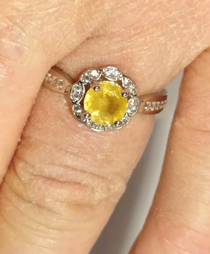 Natural yellow heated Sapphire,CZ Ring 925 Sterling 14k white Gold plate size 7 - Picture 4 of 9
