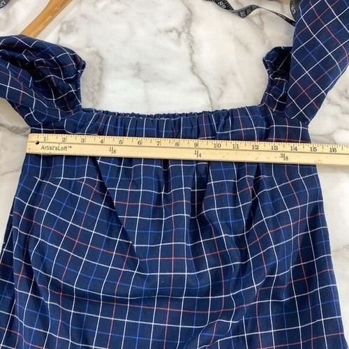 Petersyn Bluse Damen XS kariert schulterfrei Baumwolle blau rot Ballonärmel - Bild 8 von 12