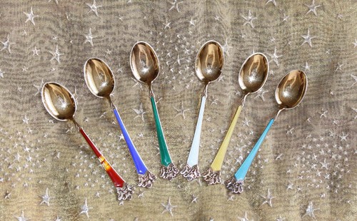 RETRO SET 6 GOLD GILT STERLING SILVER & ENAMEL COFFEE SPOONS -T. Olsen of Norway - Picture 2 of 18